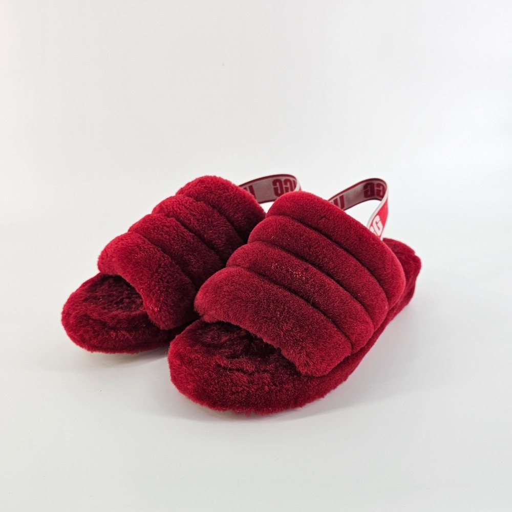 UGG Fluff Yeah Slide Sandals Womens 7 Red Sheepskin Slingback Platform Slippers